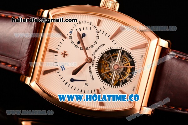 Vacheron Constantin Malte Tourbillon Power Reserve Swiss Tourbillon Manual Winding Rose Gold Case with White Dial Stick Markers and Brown Leather Strap - Click Image to Close